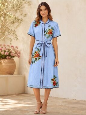 NWT Chartou Blue Floral Butterfly Belted Button Front Midi Shirt Dress